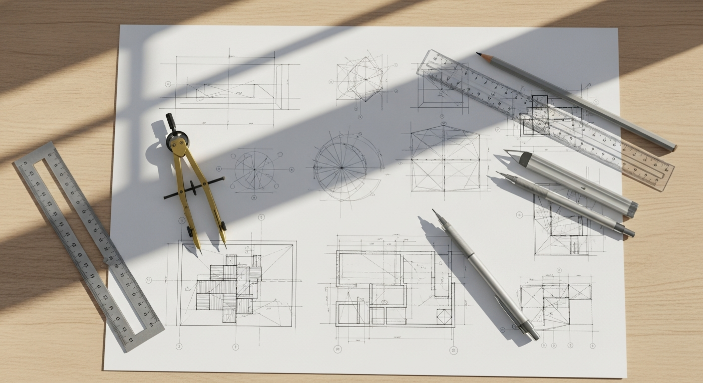 Чертёжный стол с инструментами для черчения
